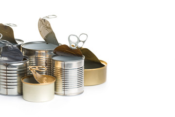A lot of uncovered metal tin cans isolated on a white background