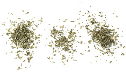 Set sliced dry celery pile isolated on white background, top view and clipping path