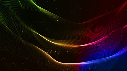 abstract sci-fi background with glow particles form curved lines, surfaces, hologram structures or virtual digital space. Motion design background with gradient color. Blue red green.