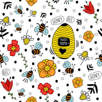 Beehive, apiary with flowers, text "Honey Bee". Vector seamless pattern on white background. Design for gift wrap, cover, fabric, cards, wallpapers, backdrops, panels. 