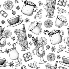 Hot drinks package. Sketch seamless pattern. Mulled wine, winter hot drink. Hand drawn sketch. Vector illustration. Christmas invitation design template. Christmas bar menu. Mulled wine coffee and tea
