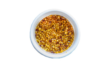 mustard cereal sauce (French or Dijon recipe) menu concept. background. top view. copy space
