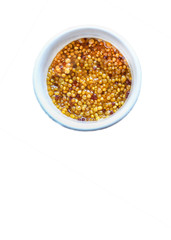 mustard cereal sauce (French or Dijon recipe) menu concept. background. top view. copy space