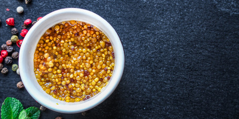 mustard cereal sauce (French or Dijon recipe) menu concept. background. top view. copy space