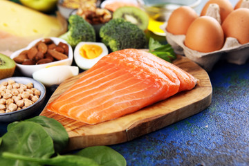 healthy eating and diet concept, natural rich in protein food on rustic table