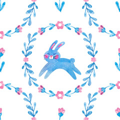 Seamless pattern with cute blue bunnies and flowers for easter decoration, card, fabric, wallpaper, wrapping paper. Watercolor illustration on white background
