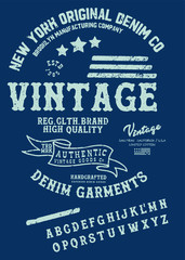 Vector illustration on a theme of American jeans, denim and raw. Vintage design. Grunge background. Typography, t-shirt graphics, print, poster, banner, flyer, postcard.Handmade Vintage Font for label