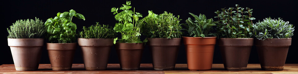 Homegrown and aromatic herbs in old clay pots. Set of culinary herbs. Green growing sage, oregano,...