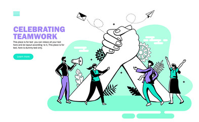 office people celebrating teamwork and together and discussing with joining hands