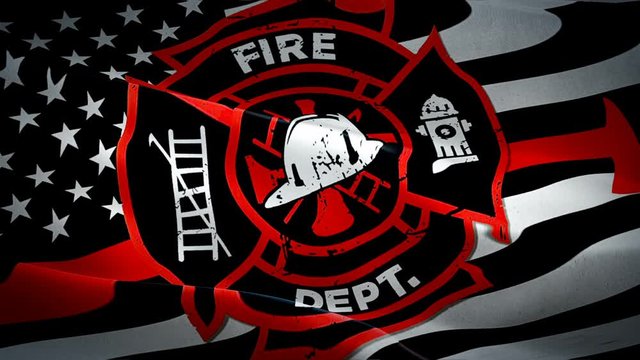 Fire department USA waving flag. Rescue squad 3d USA EMERGENCY Fire protection SERVICE flag waving. Sign of United States fire station seamless loop animation. Emergency firefighting flag HD resolutio