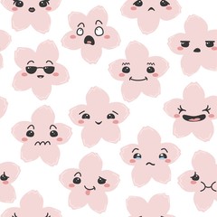 Seamless pattern with sakura flowers. Pink sakura with cartoon kawaii faces, different emotions. Vector flat illustration.