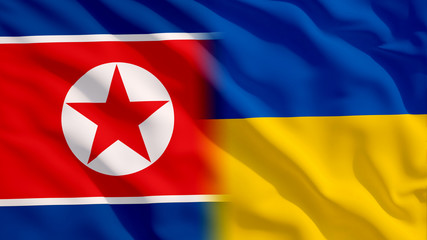 Waving Ukraine and North Korea Flags