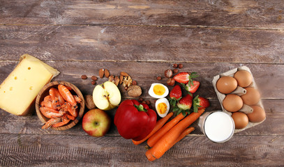 Allergy food concept. Allergy food as almonds, milk, cheese, strawberry, bread, seeds, eggs,...