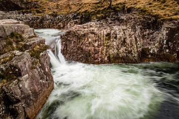 long exposure shot of the waterfalls in glen etive near loch etive and the entrance to glencoe and rannoch moor in the argyll region of the highlands of scotland during winter