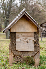 Vintage wooden beehives in the garden. 