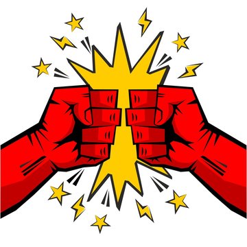 Two clenched fists bumping together. Fist fight, fight without rules comic picture. The concept of conflict, confrontation, resistance, competition, struggle. Illustration, vector