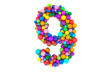 Number 9 from colored balls, 3D rendering