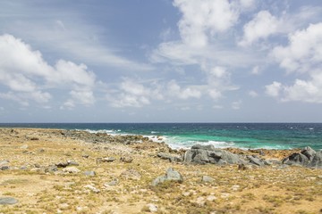 Natural beauty of Aruba. North coast. Amazing desert landscape and blue ocean. 