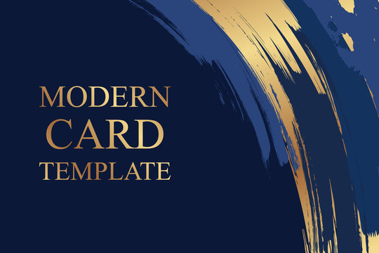 Modern Grunge Luxury Card Template For Business Or Presentation Or Greeting With Golden And Blue Paint Brush Strokes On A Navy Background.