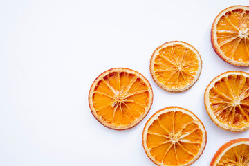 Dry oranges on white background flatlay