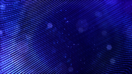abstract sci-fi background with glow particles form curved lines, surfaces, hologram structures or virtual digital space. Deep blue motion design background of microworld or cosmic space. Strings 29