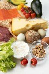 Healthy eating food. Ingredients for low carb keto ketogenic diet. Intermittent fasting conception. Time to loss weight. Flat lay.