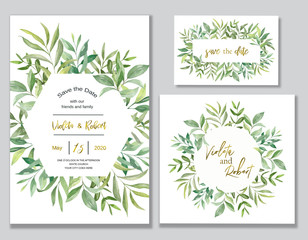 Floral watercolor set of frames with greenery on a white background for wedding decor.