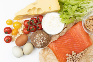 Healthy eating food. Ingredients for low carb keto ketogenic diet. Intermittent fasting conception. Time to loss weight. Flat lay.