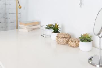 Office or home office desk with decorative plants and cactus. office table desk. Workspace with...