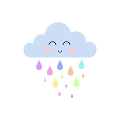 Cute cartoon face cloud with colorful rain drops. Vector illustration