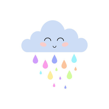 Cute cartoon face cloud with colorful rain drops. Vector illustration