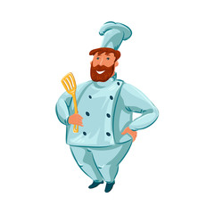 The happy chef-cook male character holding a wooden spatula. Vector illustration in flat cartoon style.