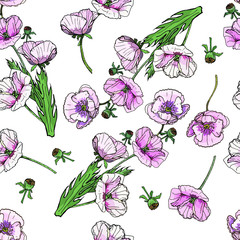 Seamless floral pattern with hand- drawn garden poppies, lilac, monochrome and pink. Papaver somniferum L. Infinite texture for your design, romantic greeting cards, advertising, fabrics