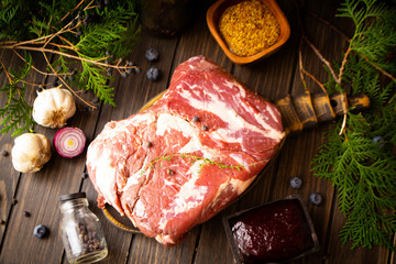 Wild boar, Wild game meat. flat lay image