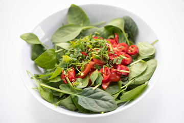 Close up of tasty green salad on a white plate