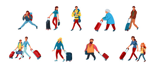 Fototapeta na wymiar Set of different traveling people walking with bags and suitcases. Vector illustration in flat cartoon style.