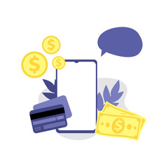 Vector illustration of smartphone, coins, payment or credit card, money and speech bubble. Online shopping, shopping app, exchange money concept. Smartphone online payments