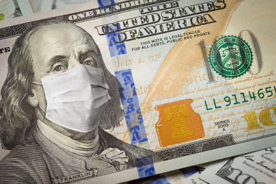 One Hundred Dollar Bill With Medical Face Mask on Benjamin Franklin