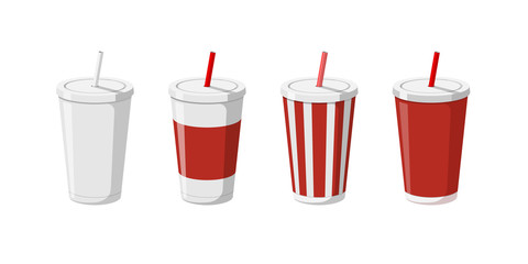 Disposable paper beverage cup templates set for soda with drinking straw. 3d blank white big red striped cardboard soft drinks packaging collection vector illustation