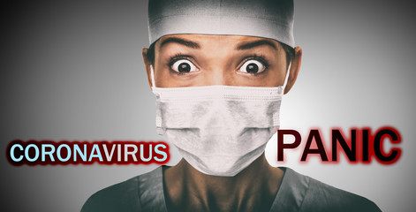 Coronavirus PANIC text title over scared doctor having corona virus epidemic fear wearing face mask...