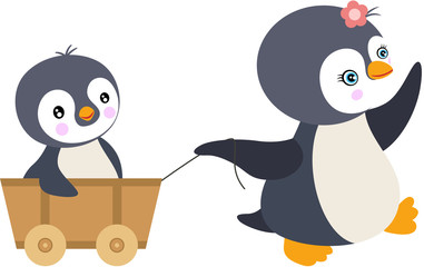 Mum penguin pulling little son on small wooden cart