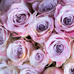 A variety of colors near the Liberty store in London. Large bouquets in tin vases. Pink roses