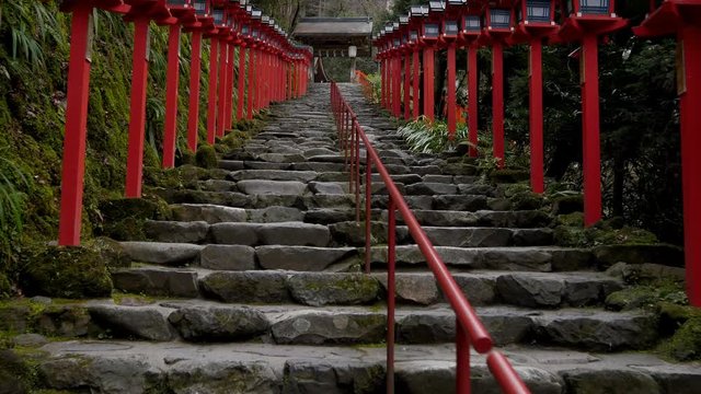 Kyoto,Japan-February 25, 2020: Stone steps at Kifune Shrine in Kyoto