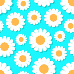 Beautiful white daisy flowers with shadow isolated on a bluish background. Seamless pattern. Vector graphic drawing. Texture.