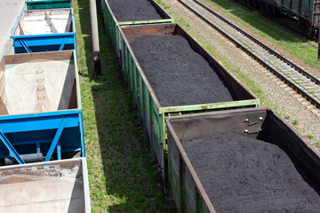  Freight train with coal, top view. rail cars loaded with coal. Transportation of coal in commodity...