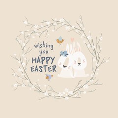 Cute cartoon bunny with Easter eggs and flowers