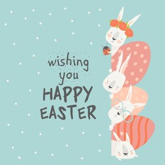 Cute cartoon bunny with Easter eggs, happy holiday