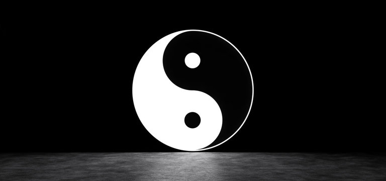 Glowing yin yang symbol in dark space. 3D Render.