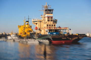 View of a massive russian diesel-powered icebreaker ice-breaker ship in a summer day