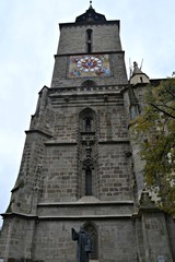The clock tower of the Black Church in Brasov city centre in Transylvania,